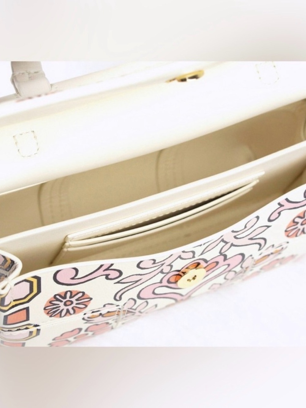 Tory Burch Cream Mini Top-Handle Bag with Pink & Gold Floral Print - Picture 9 of 11